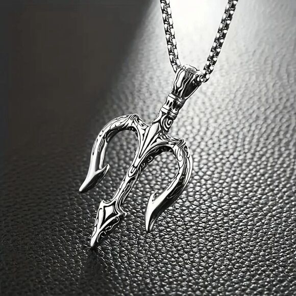 Men's Nordic Viking Amulet Poseidon Trident Stainless Steel Pendant Necklace
